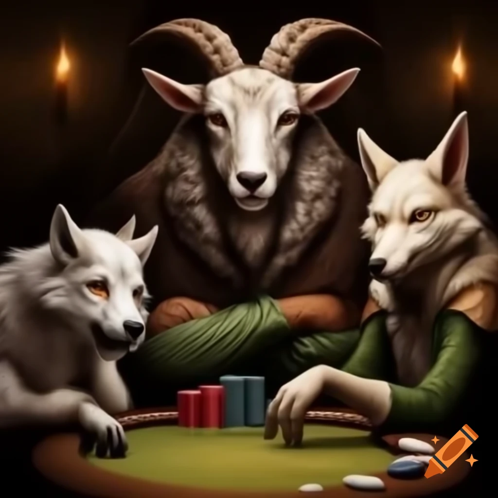 Goatman, elf, and wolf person playing poker