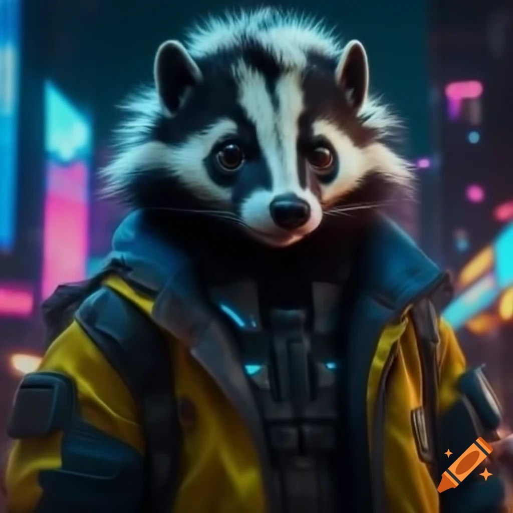 Close-up of skunk in futuristic jacket with LED lights in neon city