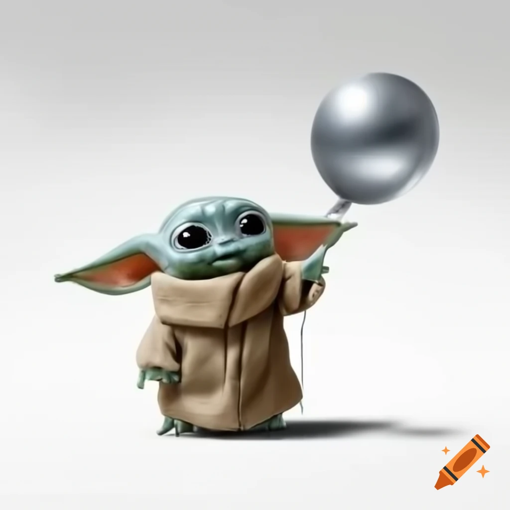 Grogu posing playfully with large silver balloon against white background