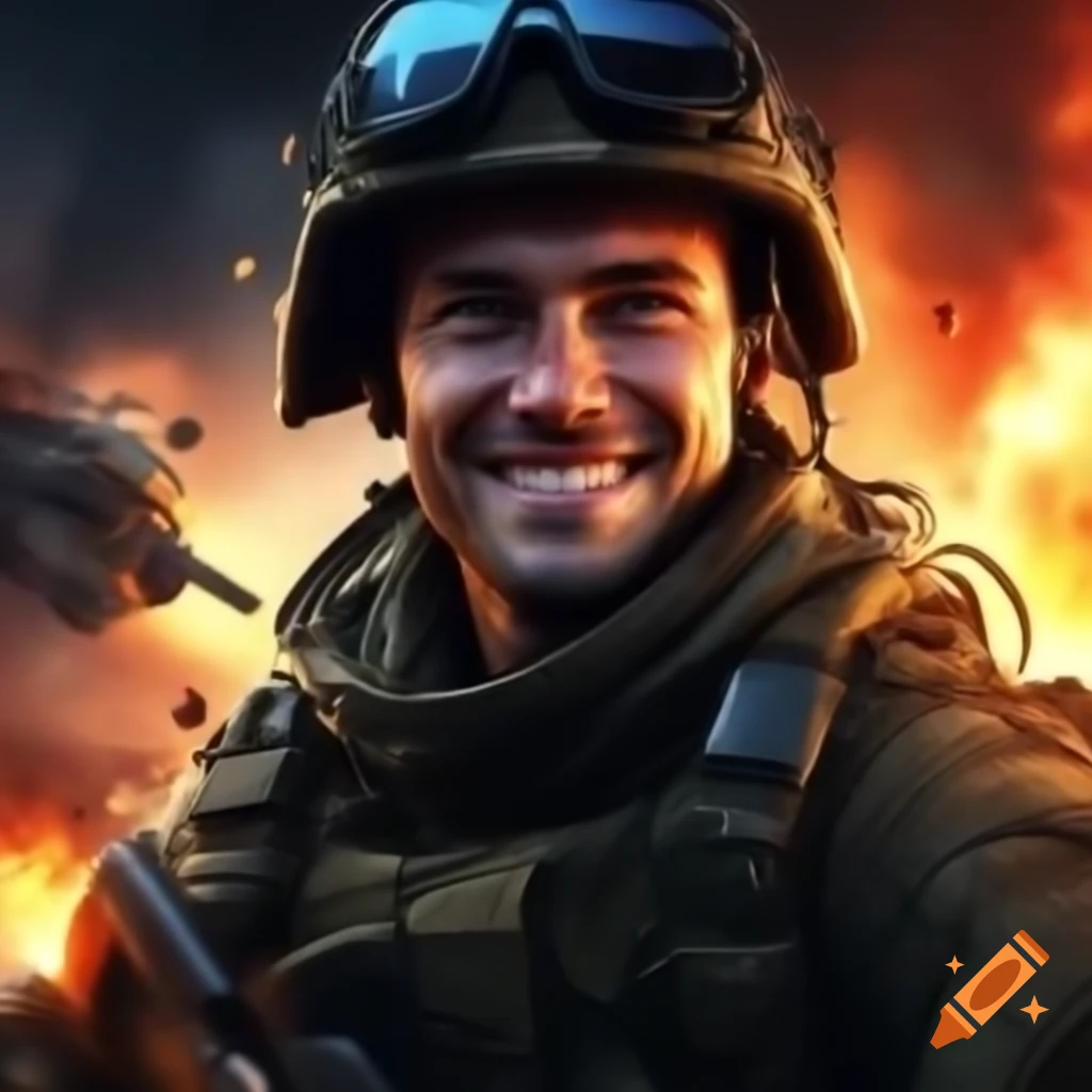Smiling male soldier with glowing blue eyes and explosions in background