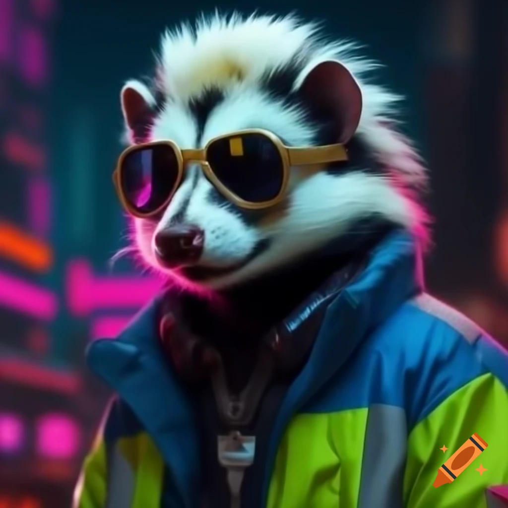 Spotted skunk in cyberpunk dystopia with mohawk and reflective jacket in neon midnight city