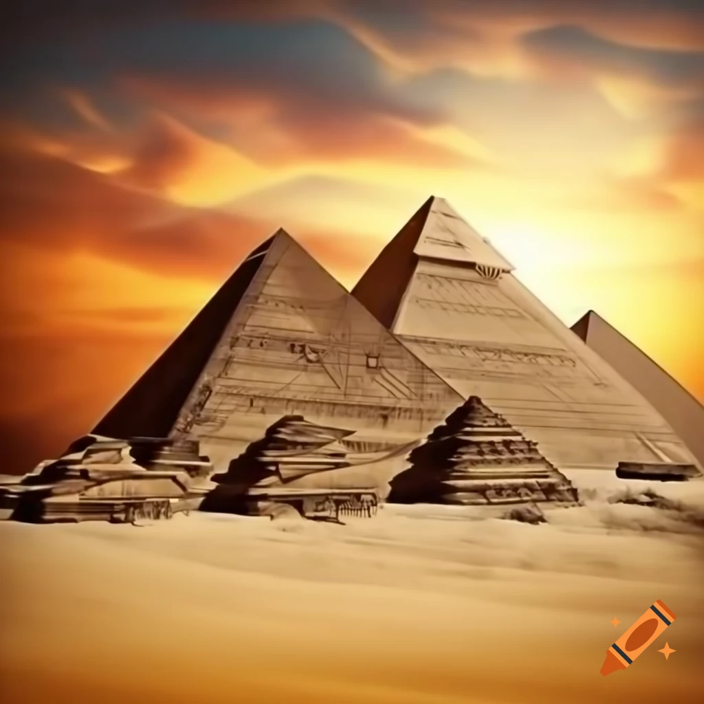Great Pyramids of Giza at sunset emphasizing intricate details