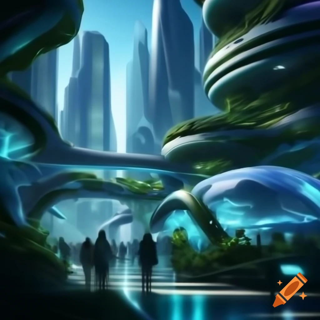 Futuristic city blending biotechnology with organic skyscrapers