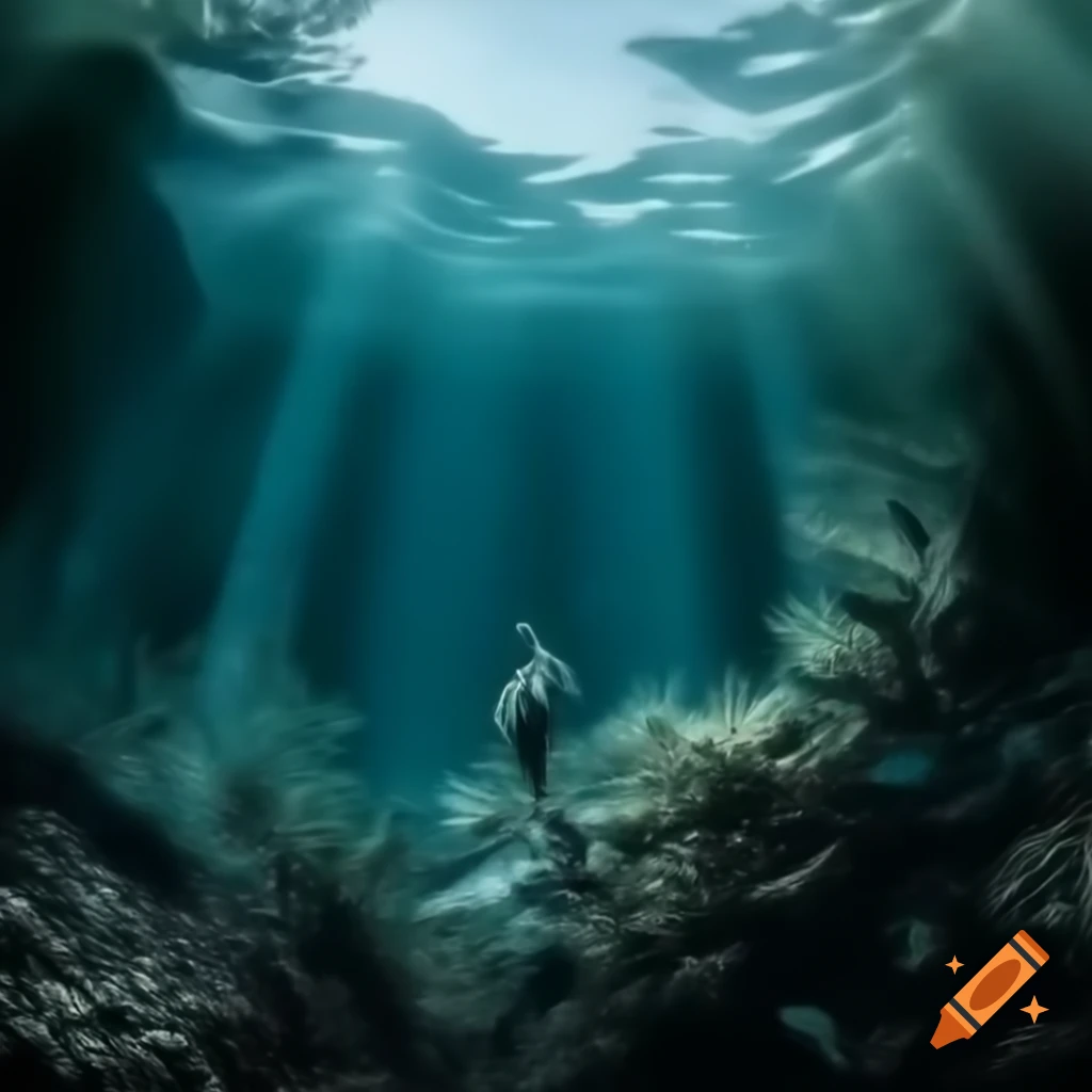 Underwater river scene showcasing aquatic life