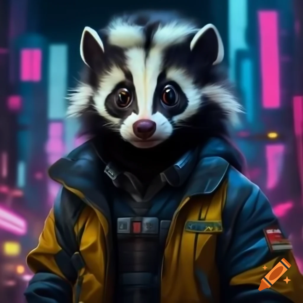 Realistic skunk in futuristic yellow jacket with LEDs in neon dystopian city
