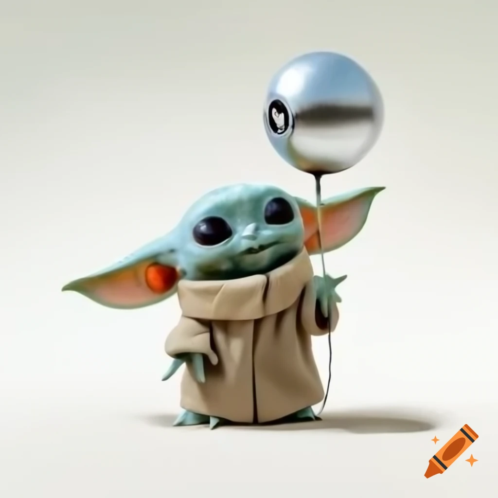 Grogu, cute alien with big eyes, playfully holding a silver balloon