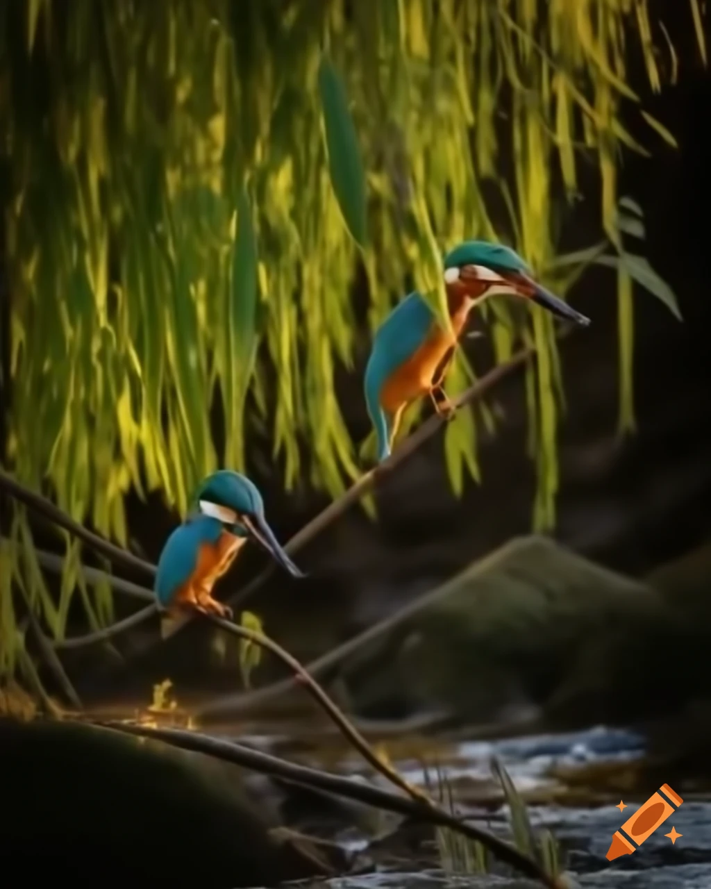 Kingfisher on willow branches above stream in warm morning light