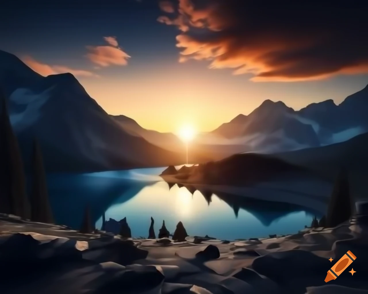 Photorealistic 3D render of mountain lake at sunset with sun rays and caustics