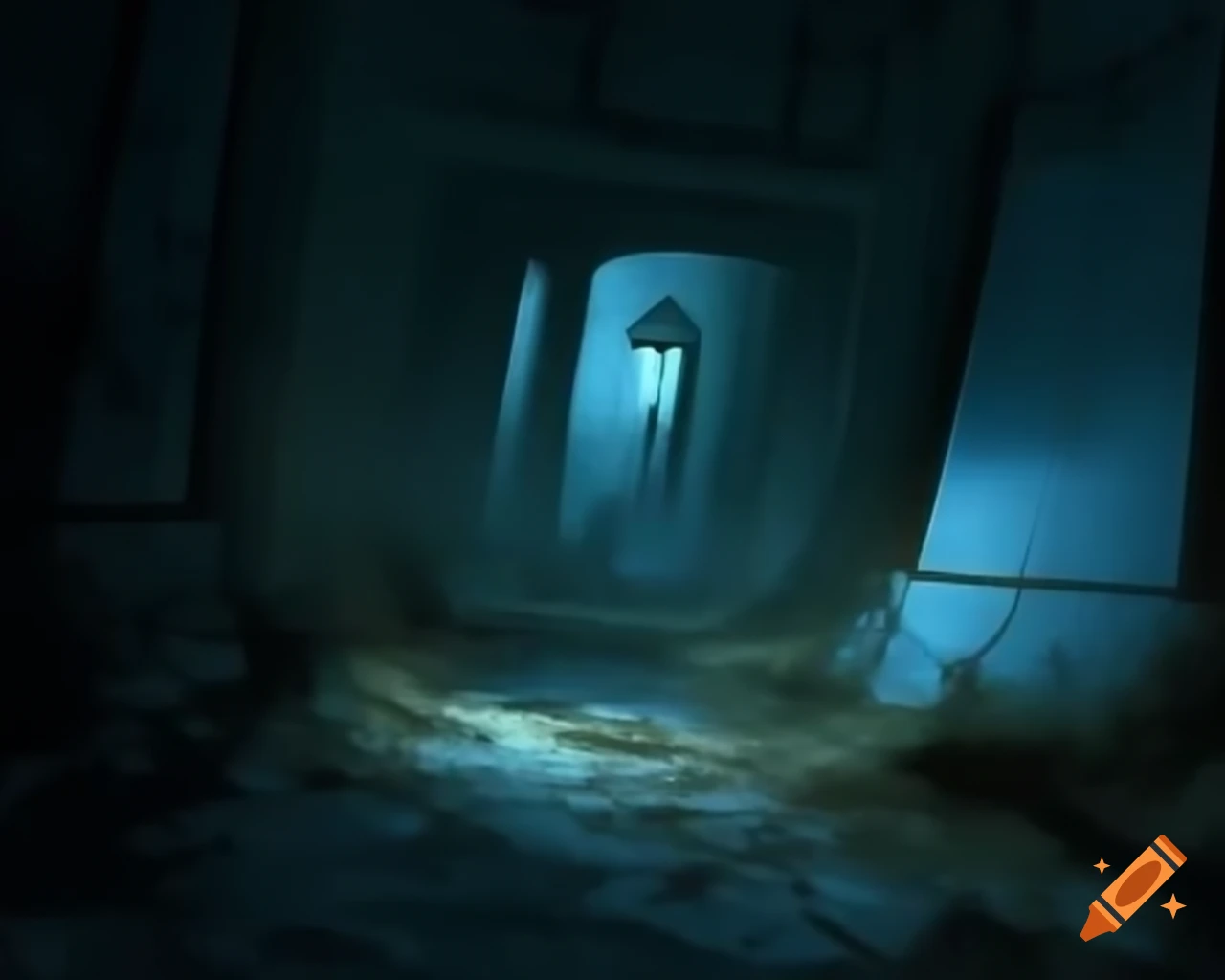 Ethereal apparition captured in poorly lit analogue horror trailcam footage, grainy effect