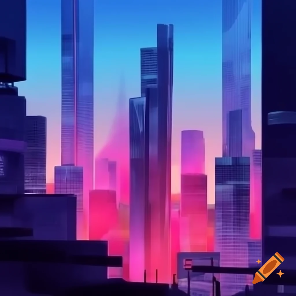 Vibrant neon cityscape with high-rises and sleek pillars