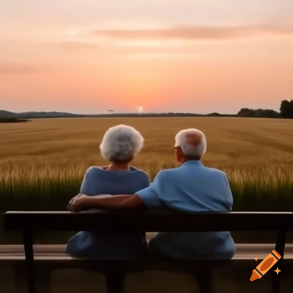 Elderly mother and son sitting on bench embracing while watching sunset over wheatfield