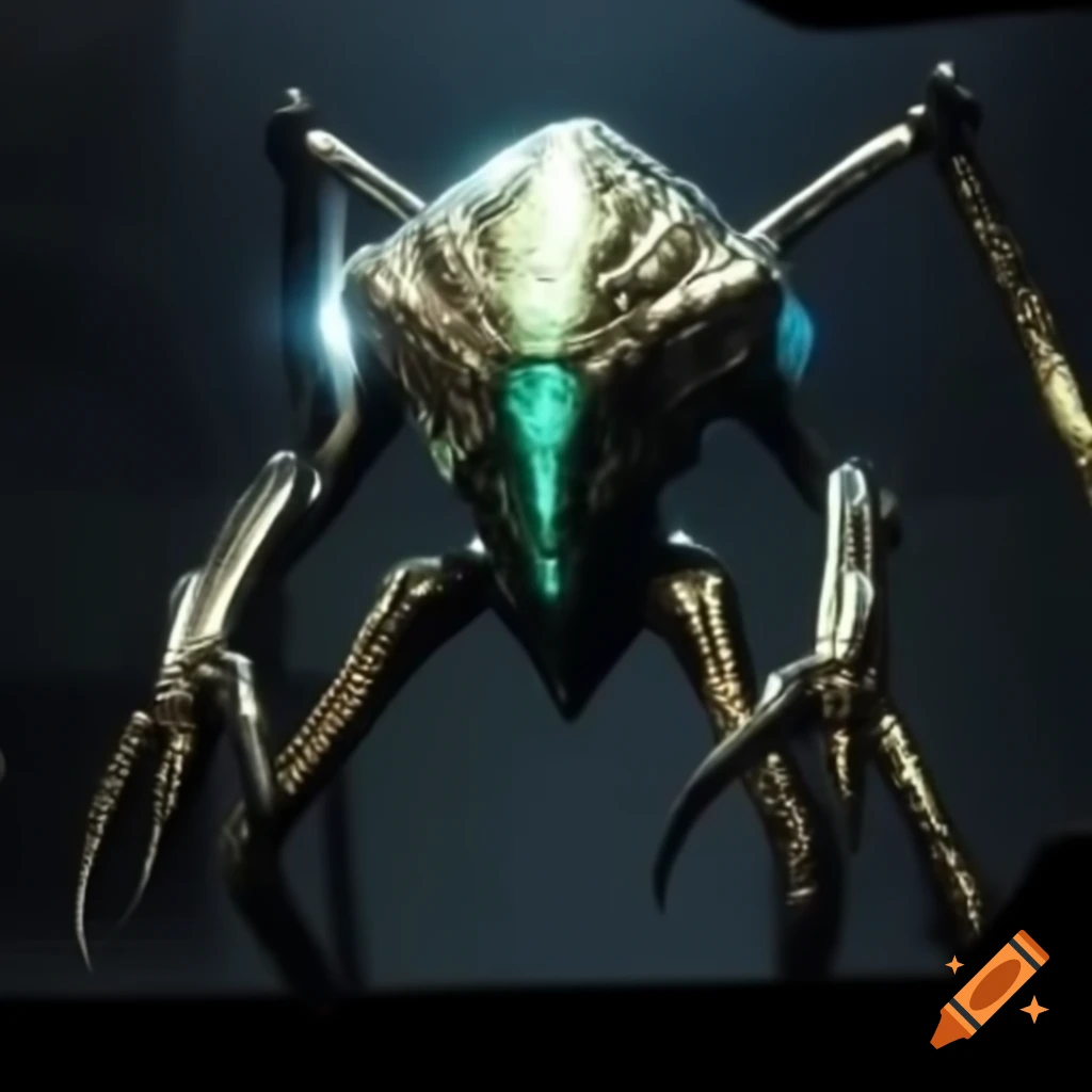 Insectoid alien emerging from void with biomechanical aesthetic and glowing orbs