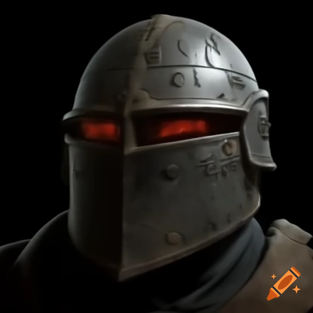 Battle-worn dark steel helmet with glowing magical runes