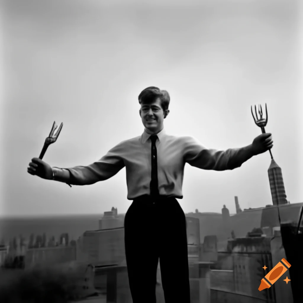John F Kennedy with arms outstretched holding forks
