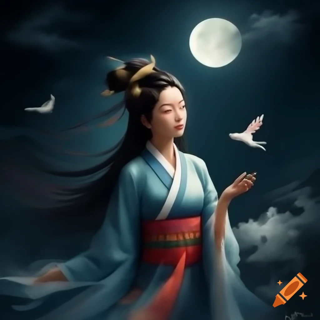 Traditional Tang dynasty lady in gown flying to full moon with pet rabbit