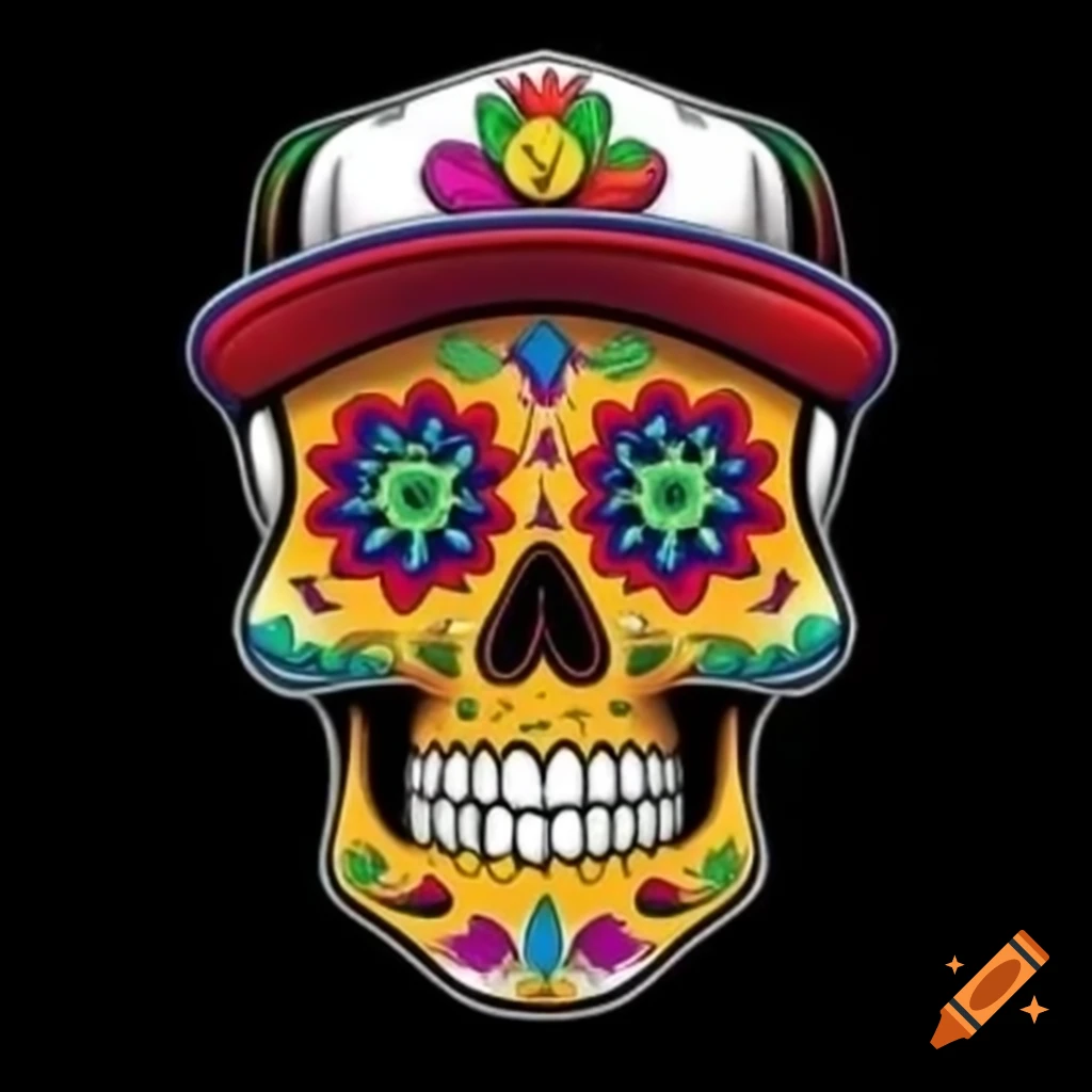 Colorful Day of the Dead sugar skull wearing a baseball cap