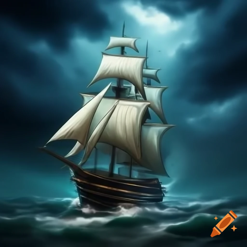 Sailboat navigating through stormy sea waves