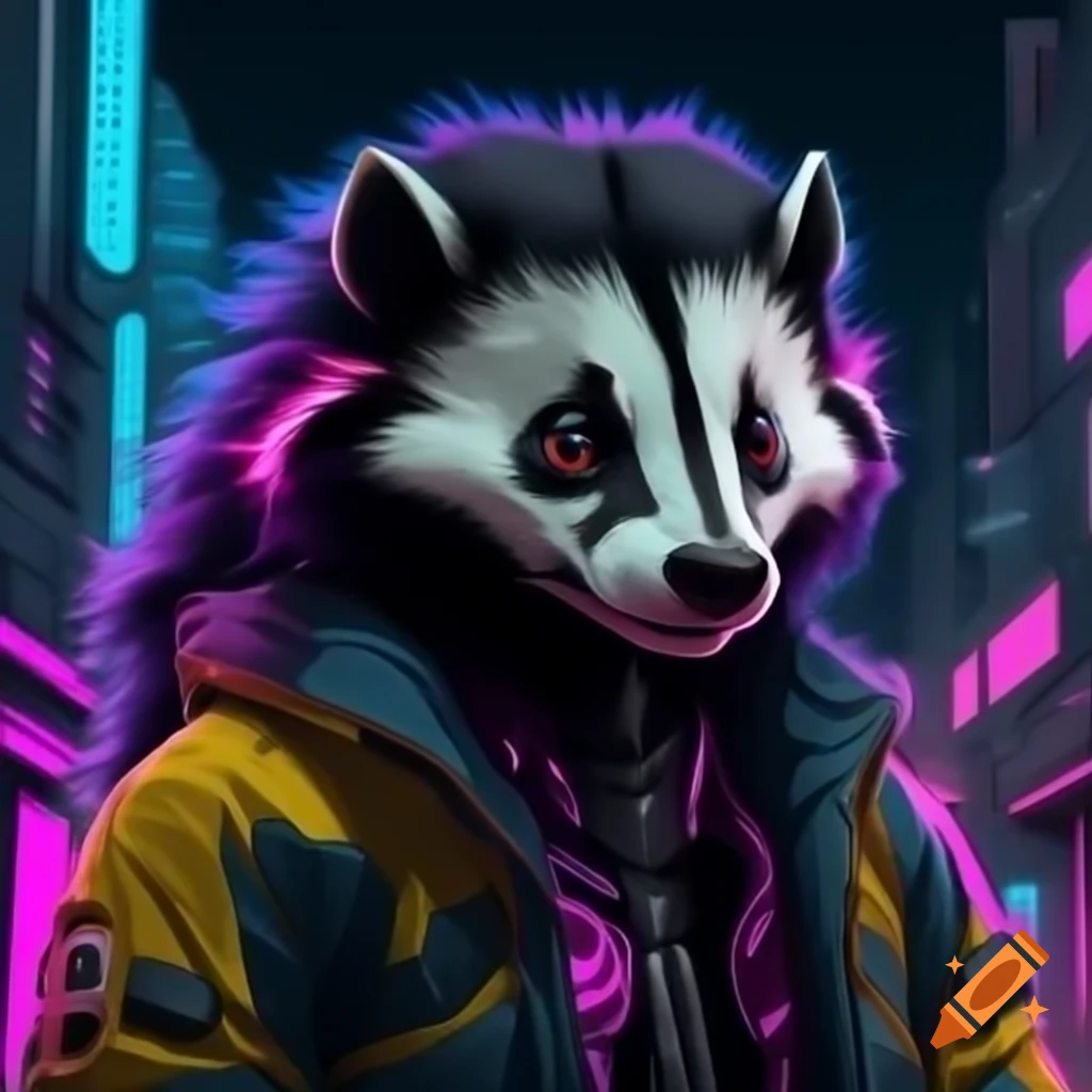 Realistic skunk in futuristic jacket with LEDs in neon dystopian city