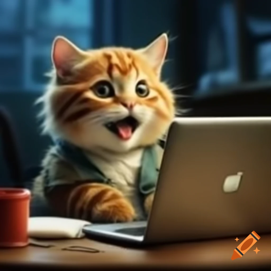 Happy cat using laptop