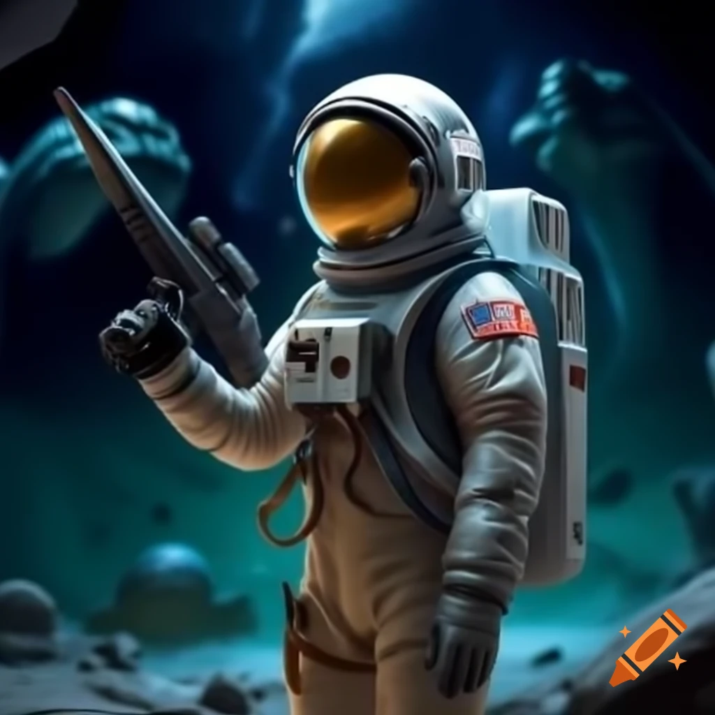 Astronaut shooting at aliens in outer space