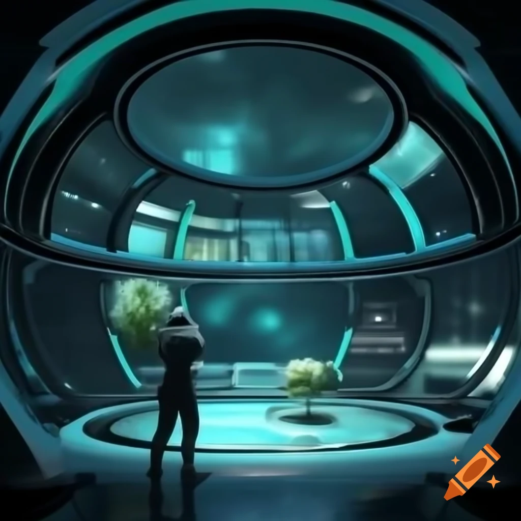 Futuristic moon base interior with sleek architecture and advanced technology