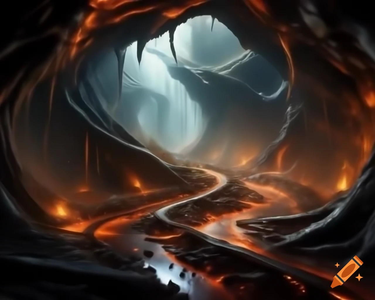 Fantastical metropolis with hovering buildings and molten rivers