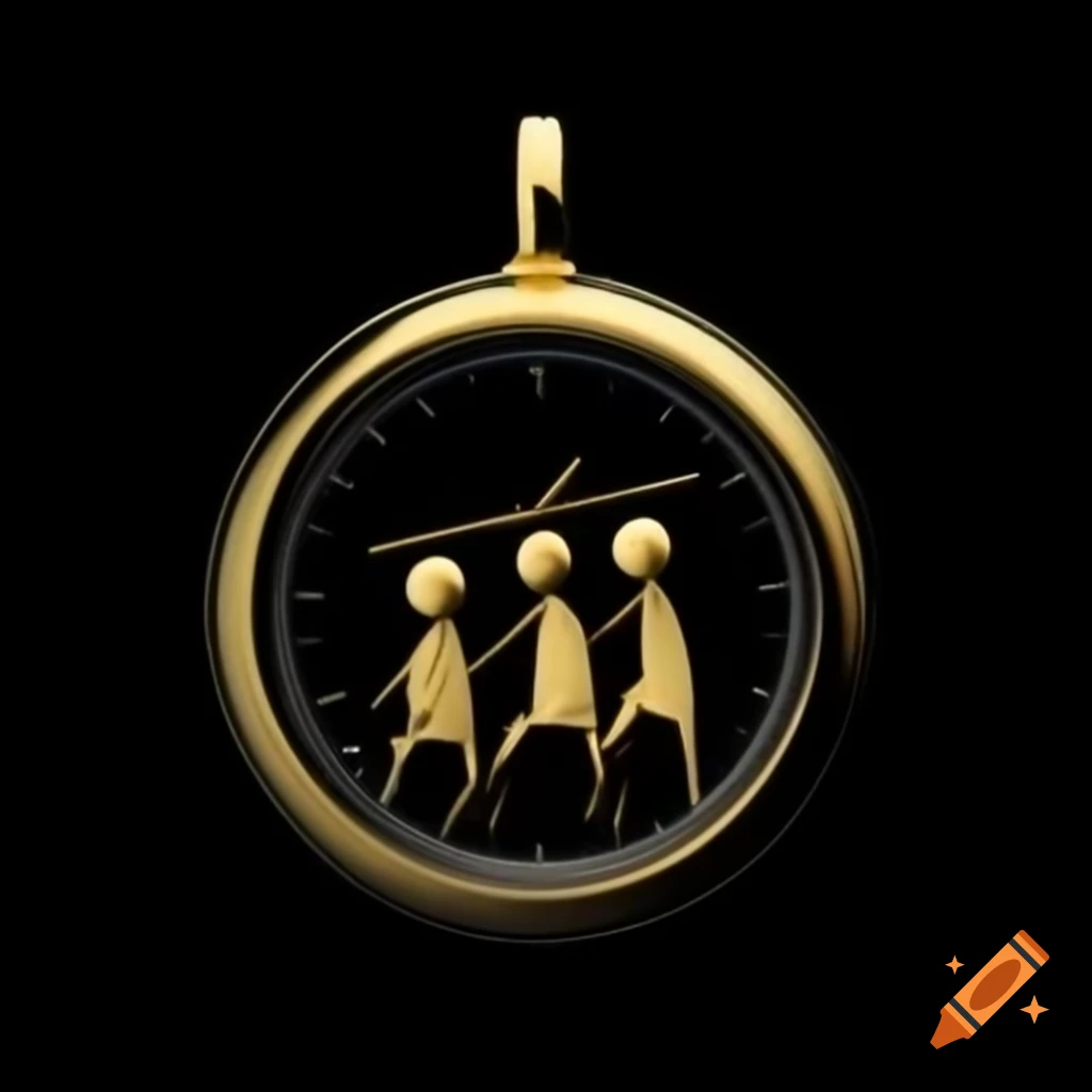 Gold hollow pendant with modern watch and three faceless musicians holding instruments