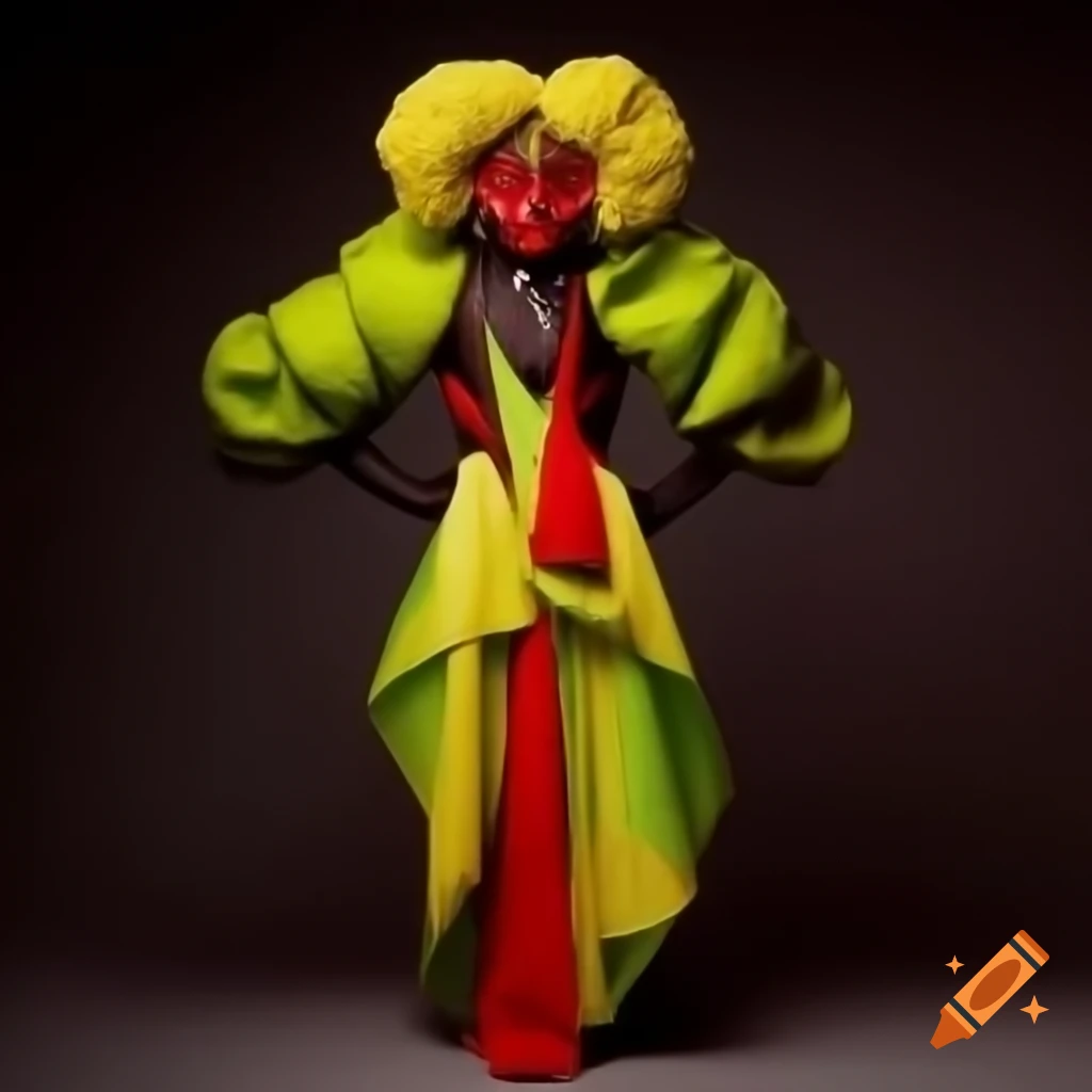 High-fashion avant-garde dress inspired by Sri Lankan devil masks with vibrant colors