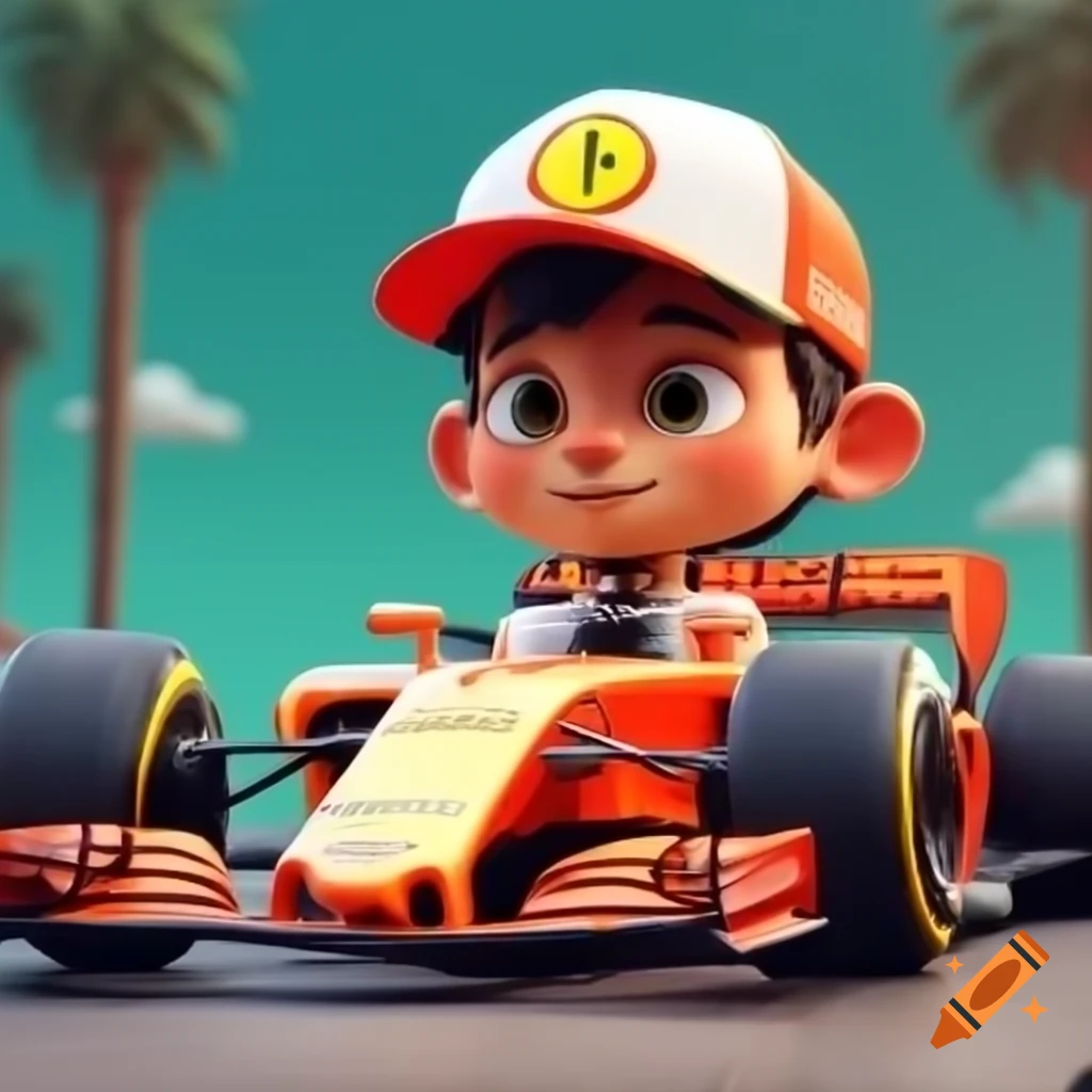 Cartoon depiction of an f1 driver in mclaren racing gear on craiyon