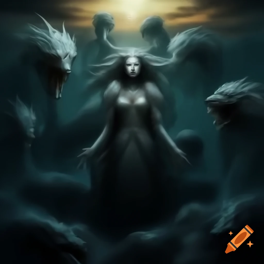 Haunting universe with mythical creatures in ancient sea