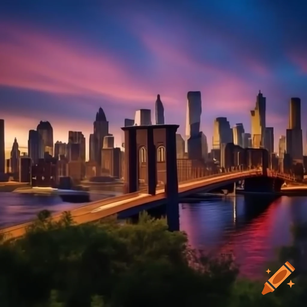 Brooklyn Bridge illuminated at twilight with neo-gothic towers