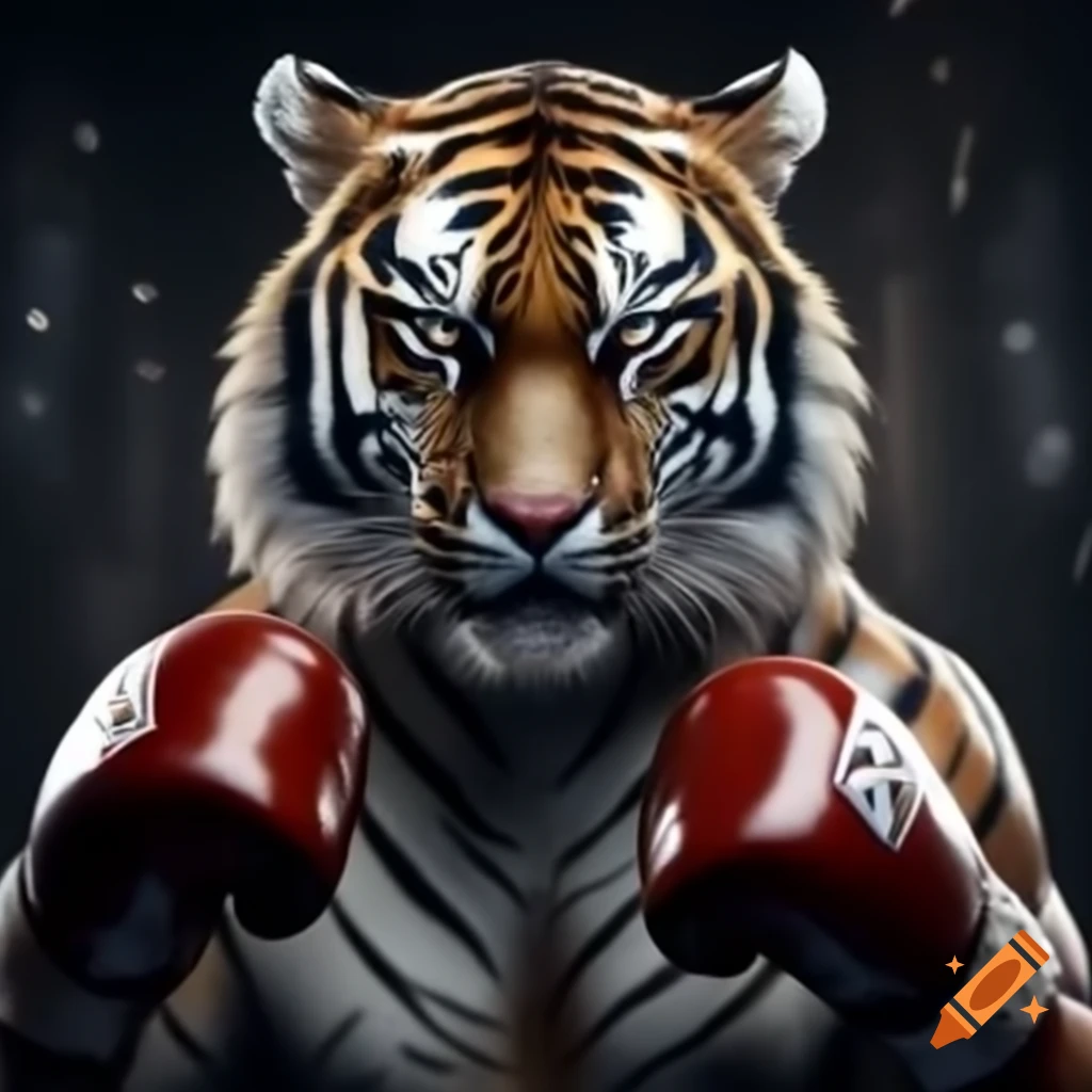 Tiger wearing boxing gloves ready to fight