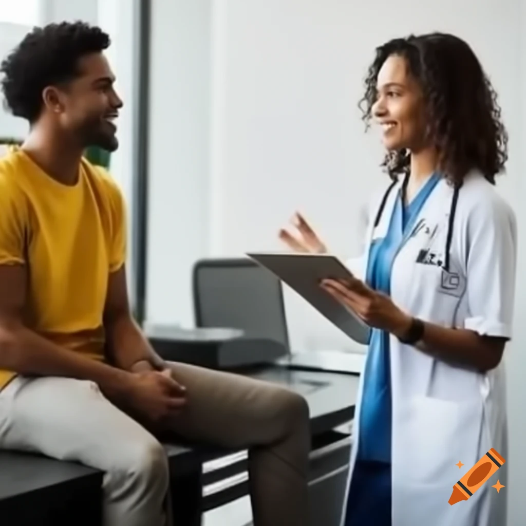 Conversation between two people in an office with one being a nurse