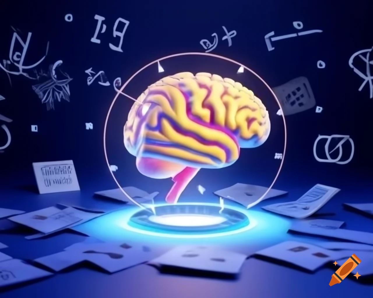 Cartoon style 3D space with colorful blurs and a developed brain receiving information impulses