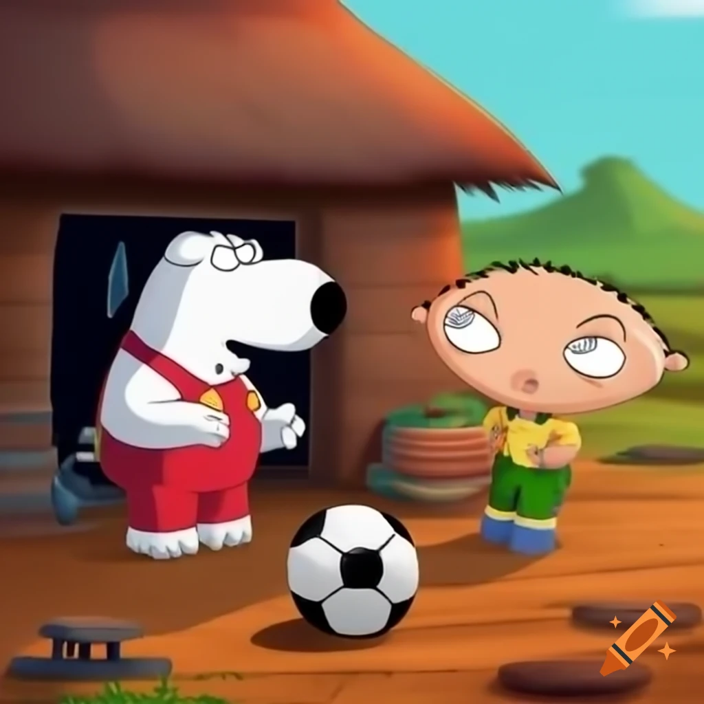 Child playing football with cartoon character in African hut