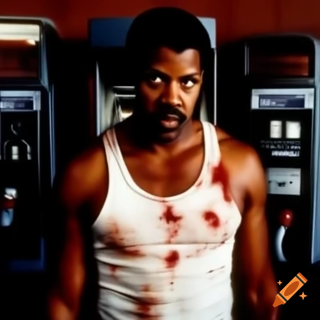Denzel Washington in dirty tank top at payphone, displaying blood and bruises