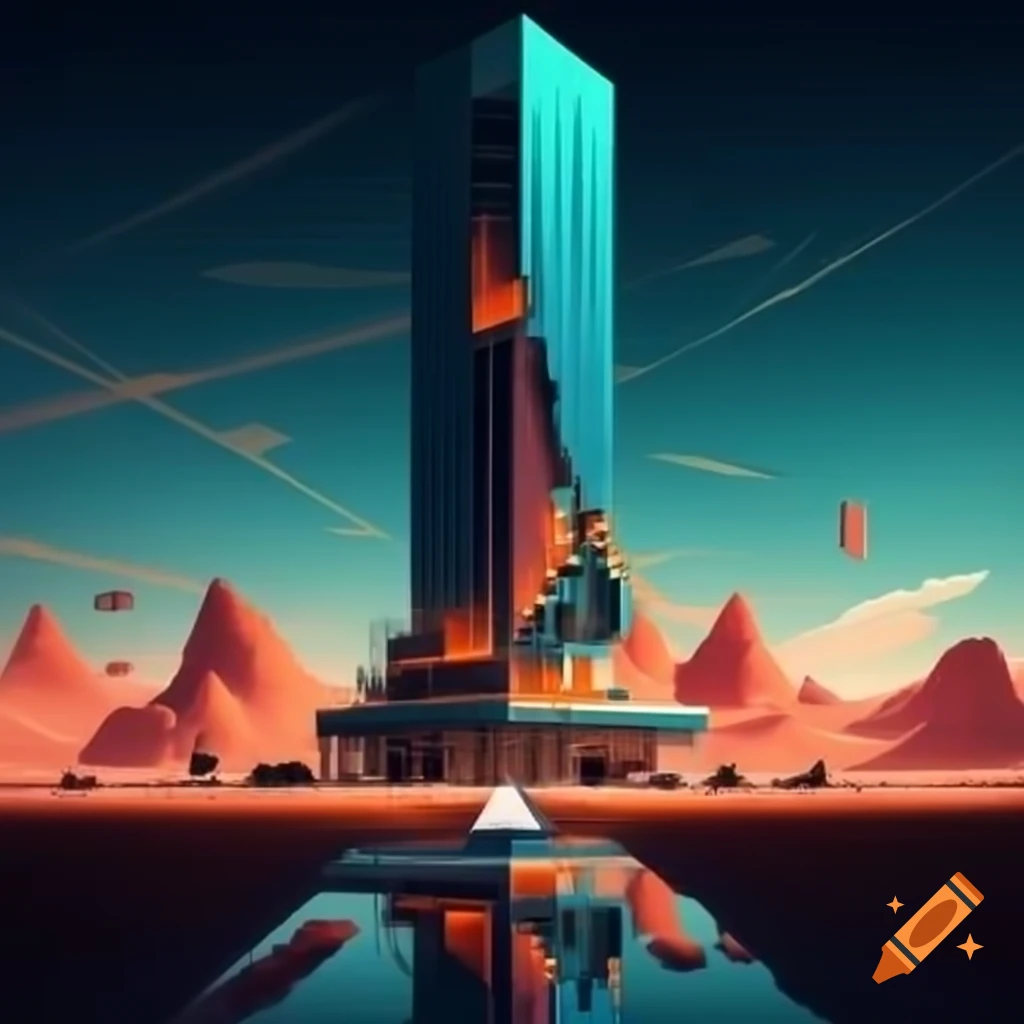 Modern realistic skyscraper with geometric lines in flat plain
