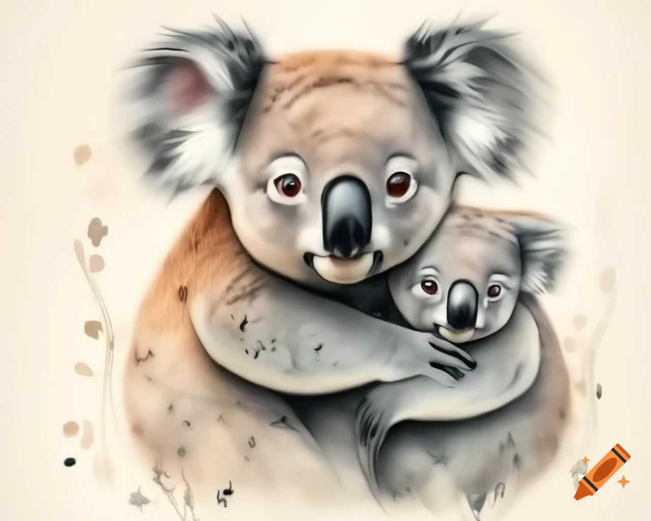 Mother koala with young koala on her back, watercolor storybook style