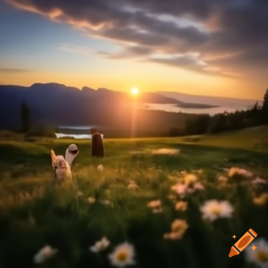 Serene landscape at sunset with calm lake, mountains, and flowers