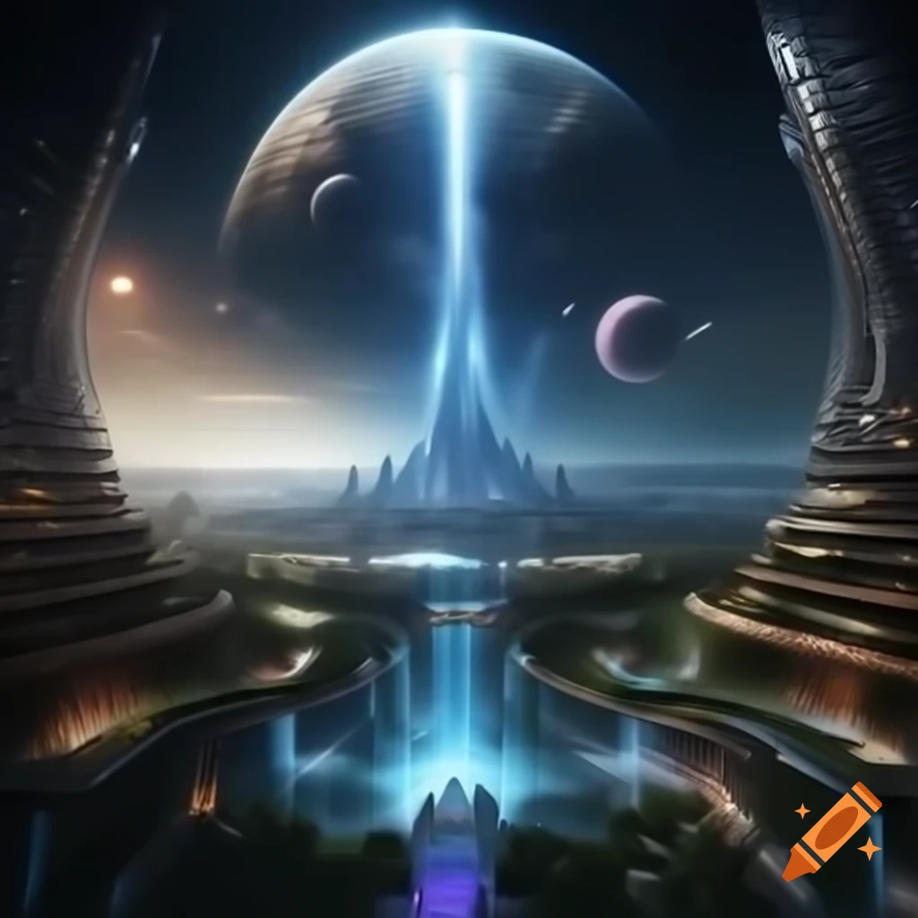 Futuristic alien cityscape with towering spires and floating platforms