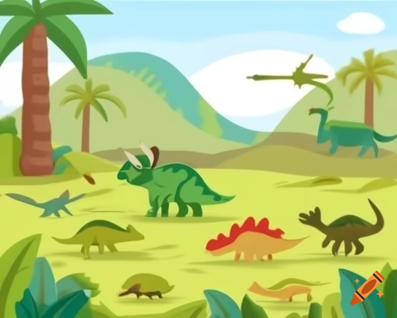 Lush prehistoric landscape with young triceratops playing with other dinosaurs