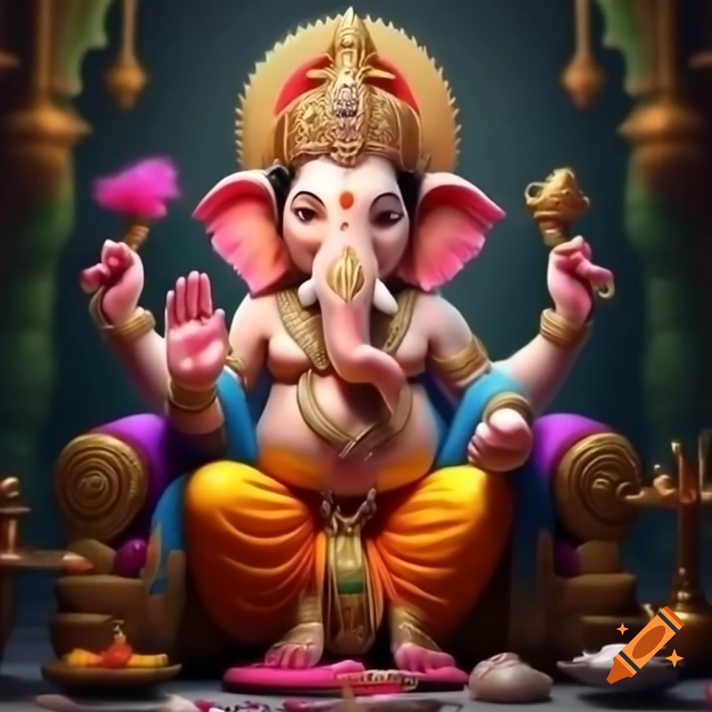 Cartoon depiction of Lord Ganesha on colorful throne enjoying offerings during prayers