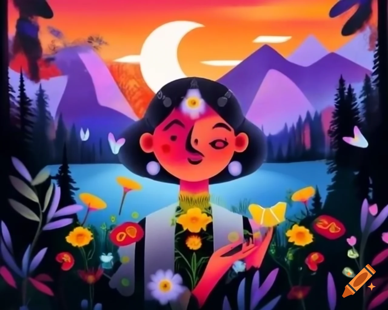 Enchanting colorful-haired woman with wildflowers and butterflies at sunset