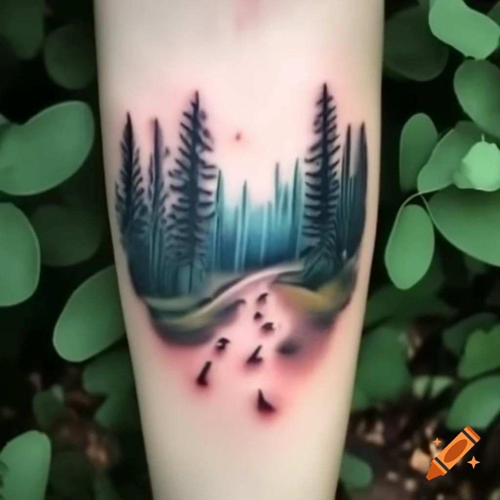 Watercolor tattoo of dirt path in forest with tiny footprints