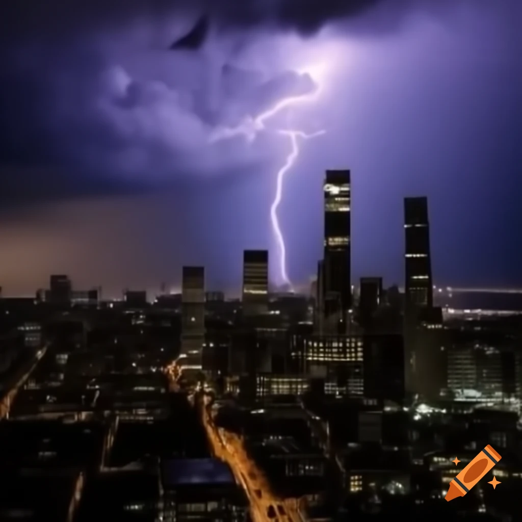 Stormy city night with lightning and silhouettes of skyscrapers
