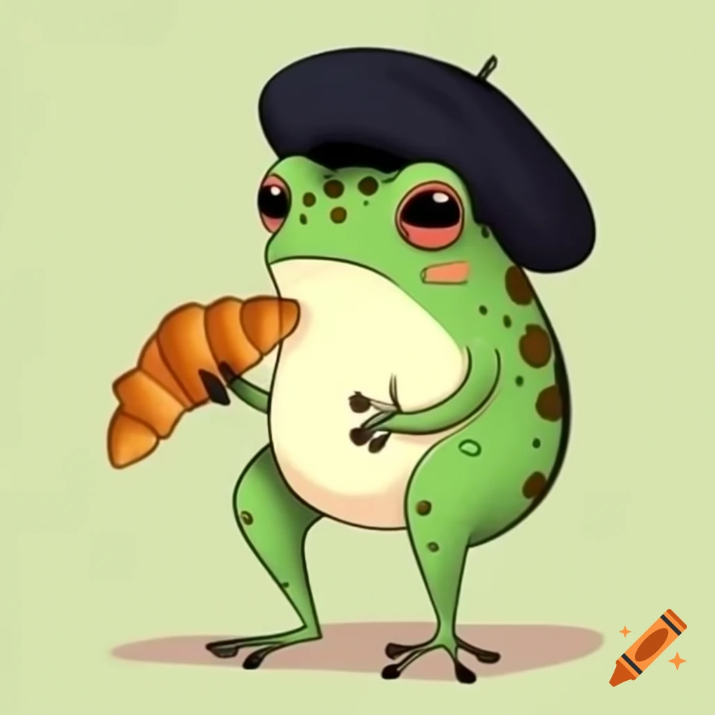 Elegant frog wearing beret and holding croissant
