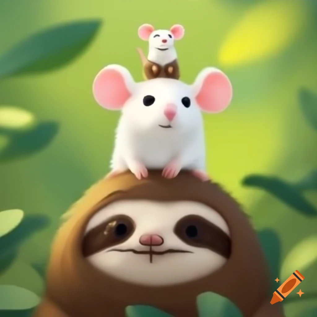 Cartoon of white rat on sloth's head