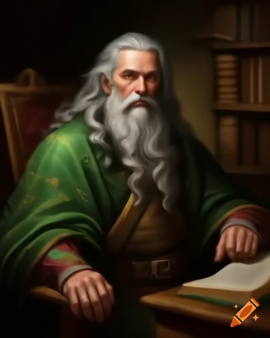 Portrait of an old man with silver-gray hair and beard in embroidered tunic and velvet cape