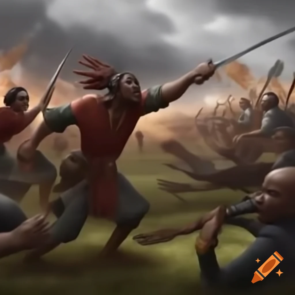 Historical battle scene featuring British and African forces