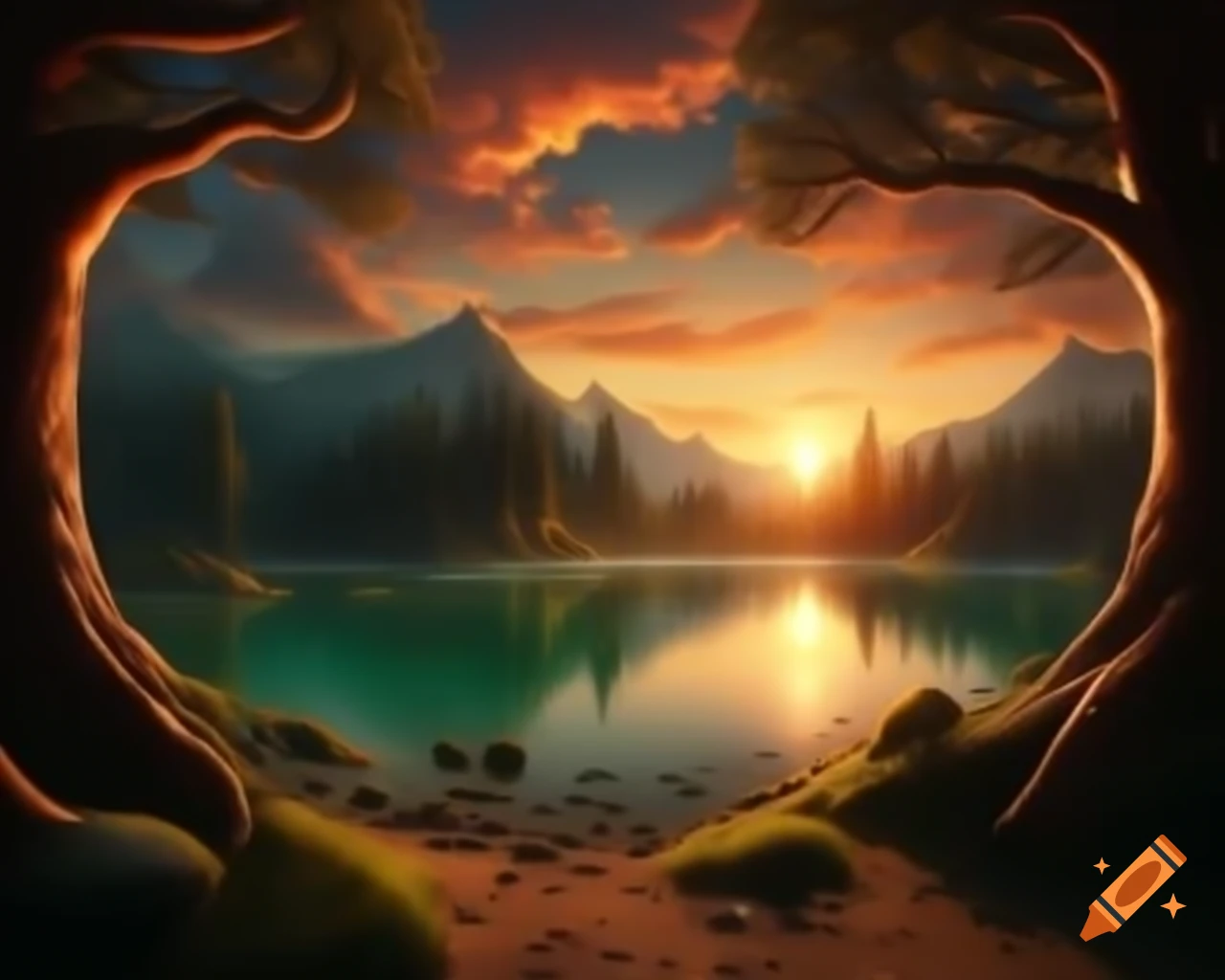Surreal fantasy scene with orange monster in forest at sunset by lake